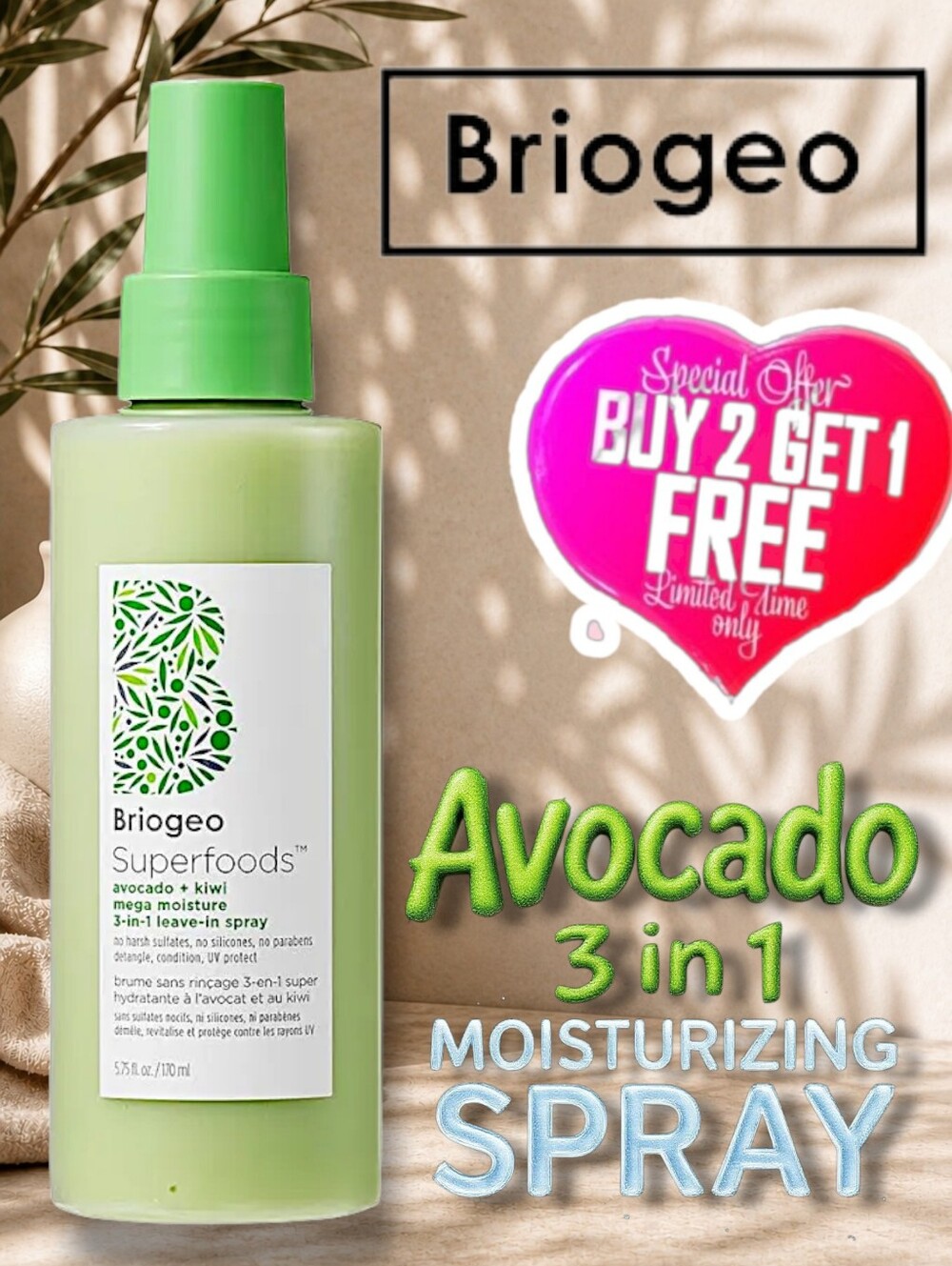 BRIOGEO Superfoods Avocado & Kiwo Moisture Spray (Detangling & UV Protection)